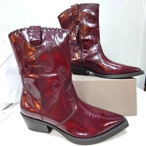 Franco Sarto Burgundy Patent Leather Western Heeled Boots